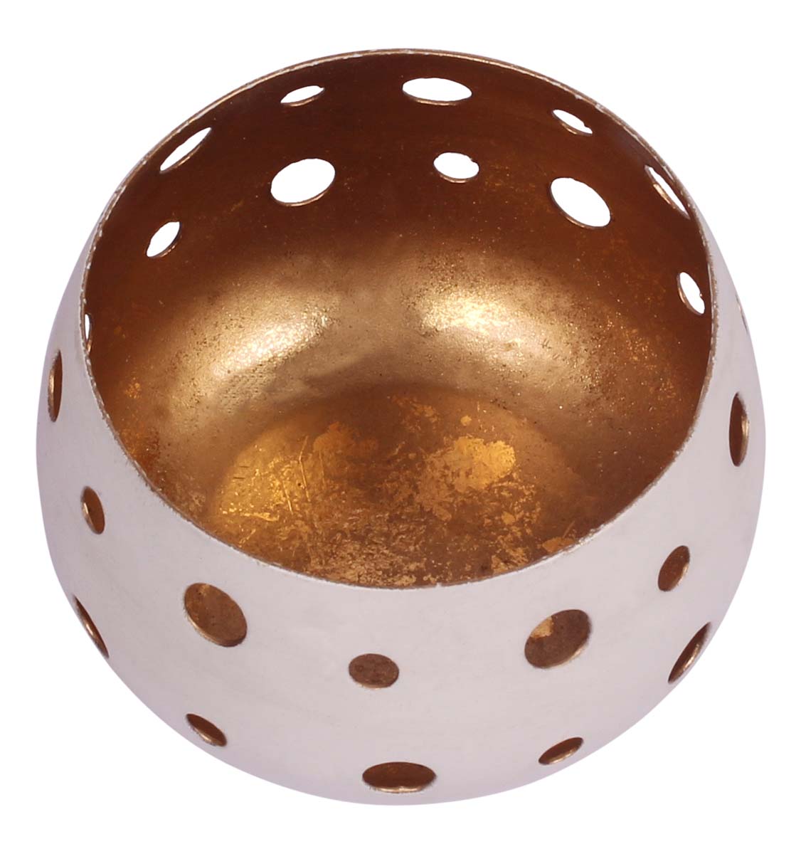 Round-Shaped Tea-Light Candle Holder - Cast in Iron - White Exteriors & Copper Finish Interiors - Circle-Shaped Cut-Outs - Metal Votive Candle Stands - Party Decorations - Gifts from India - Buy in Bulk Wholesale